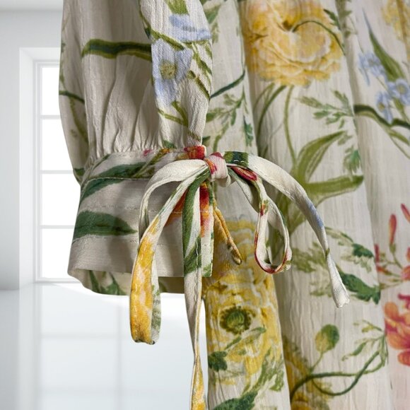 Rose + Olive Floral Blouse Top Cottagecore Yellow Red Green Tie Sleeves Size M - Picture 4 of 12